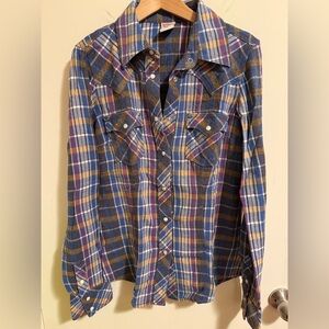 True Religion Blue Plaid Button-Up Shirt size Medium Women